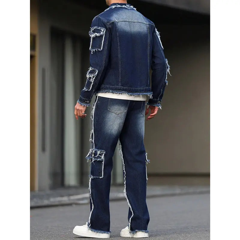 Blue Denim Jacket and Pants Set with Frayed Seams