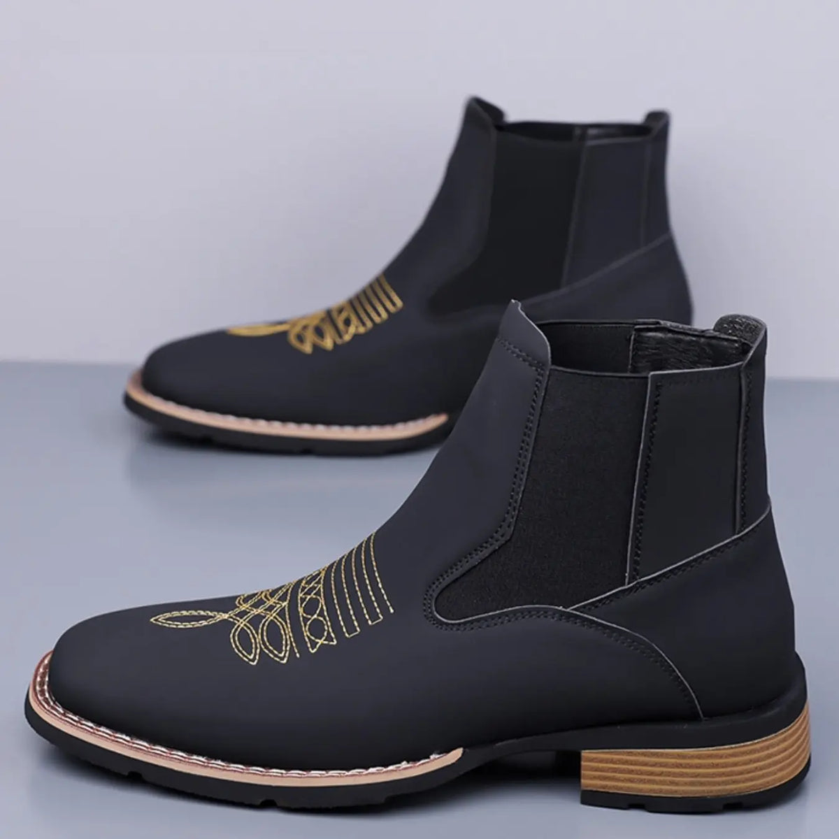 Black Chelsea Boots with Gold Stitching