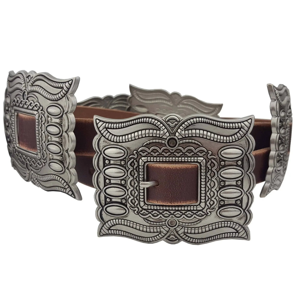 Brown Leather Belt with Silver Concho Plates