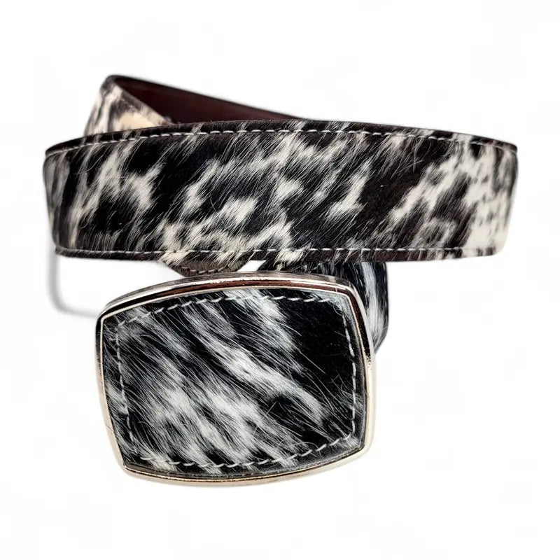 Black and White Hair-On Hide Belt With Buckle