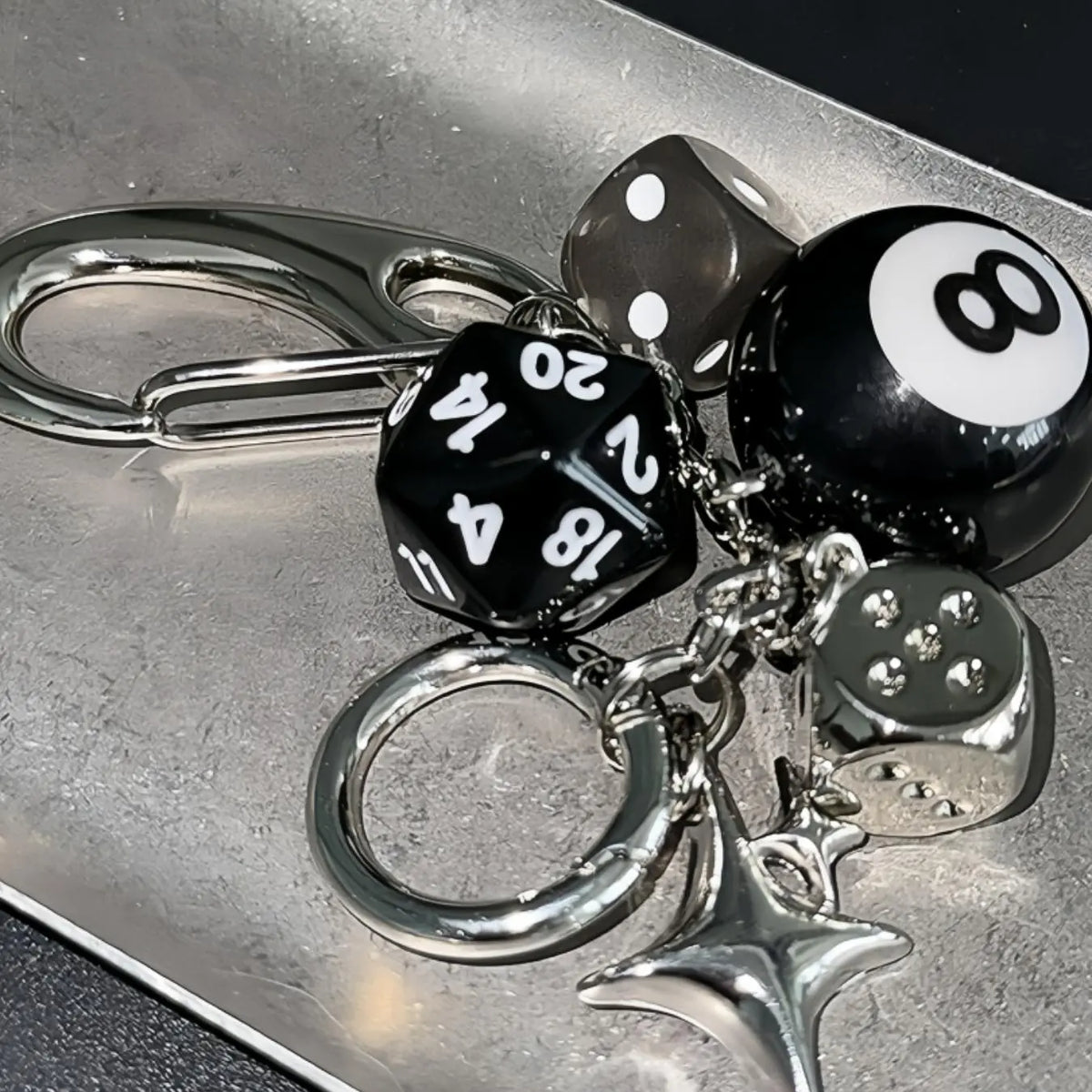 Silver Clasp Keychain with Dice and Star Charms