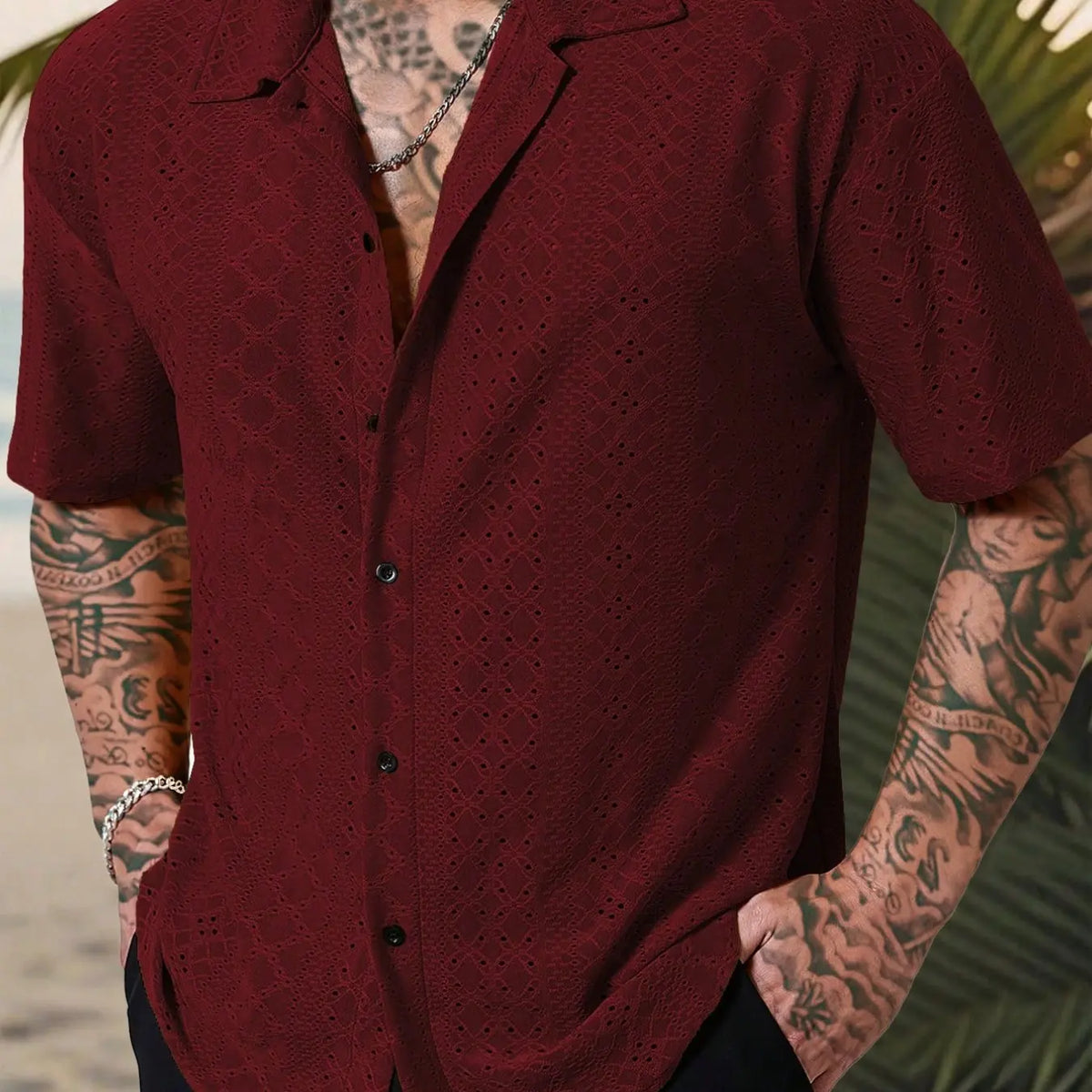 Red Short-Sleeve Camp Collar Button-Up Shirt